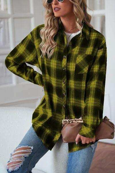 Plaid Button Up Dropped Shoulder Outerwear - Trendsi - Flyclothing LLC