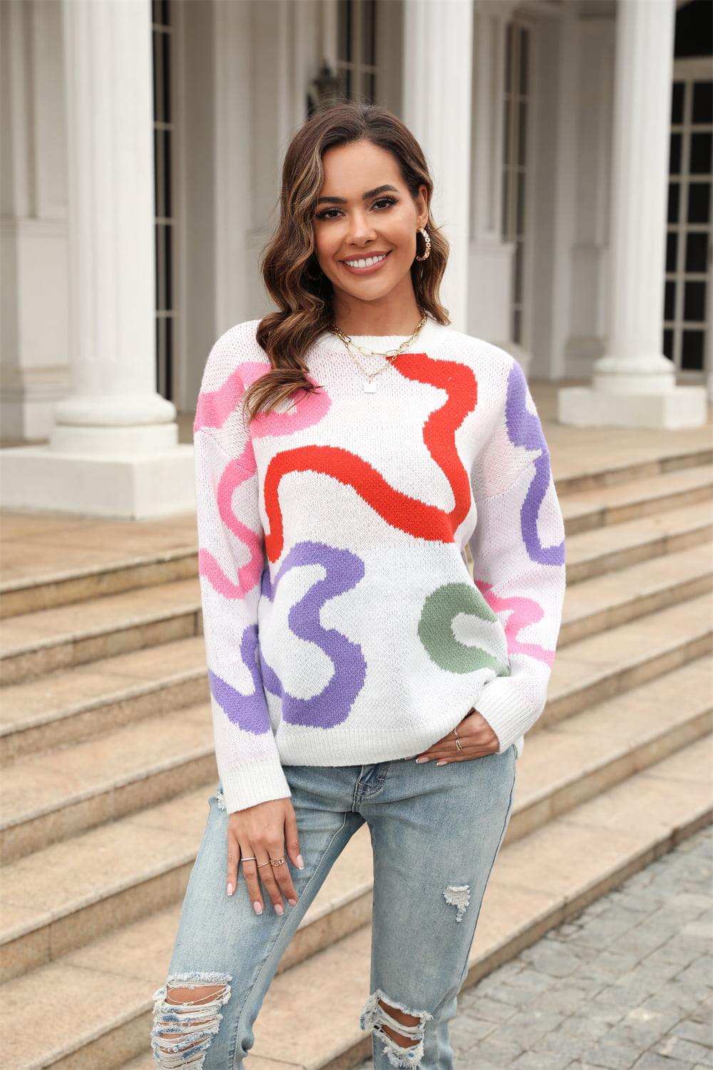Printed Round Neck Dropped Shoulder Pullover Sweater - Trendsi - Flyclothing LLC