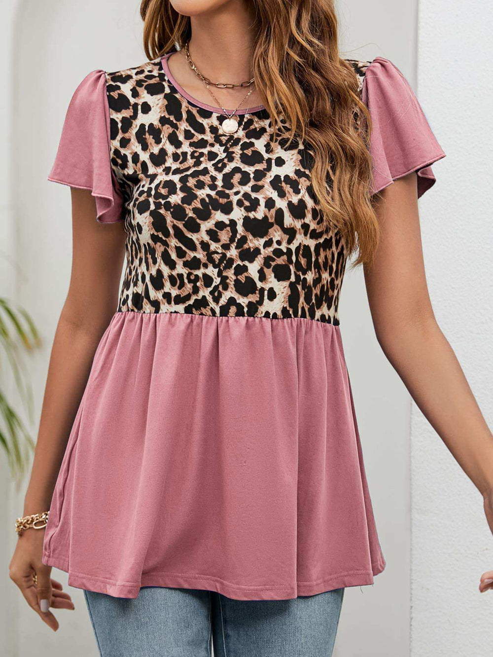 Leopard Round Neck Flutter Sleeve Babydoll Blouse - Trendsi - Flyclothing LLC
