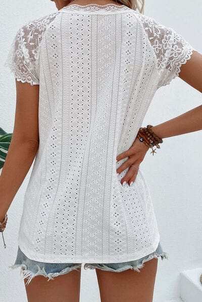 Eyelet Lace Detail V-Neck T-Shirt - Trendsi - Flyclothing LLC