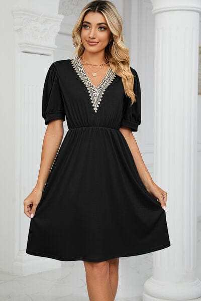 V-Neck Puff Sleeve Dress - Trendsi - Flyclothing LLC