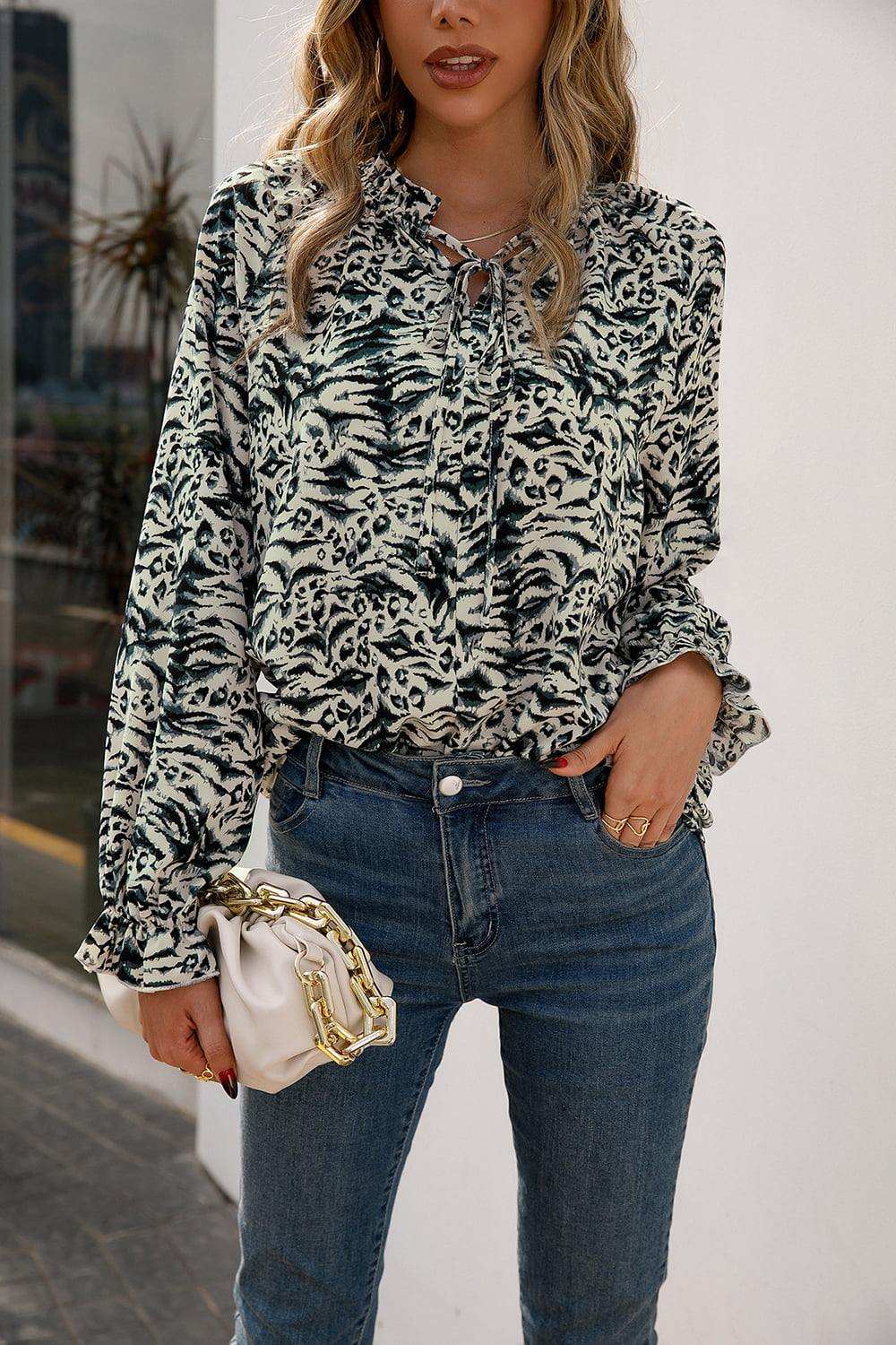 Printed Tie Neck Frill Trim Flounce Sleeve Blouse - Trendsi - Flyclothing LLC