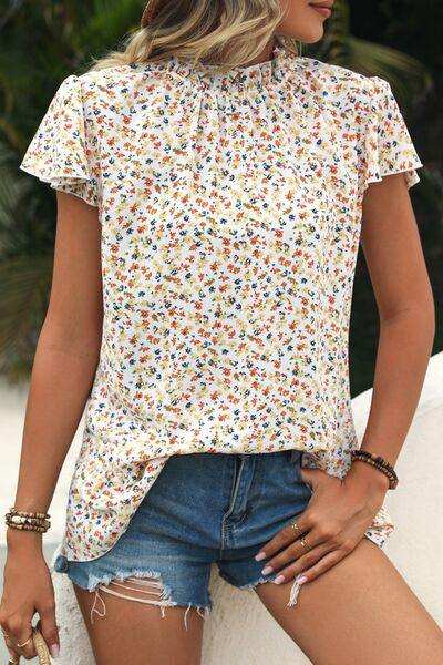 Ditsy Floral Mock Neck Short Sleeve T-Shirt - Trendsi - Flyclothing LLC