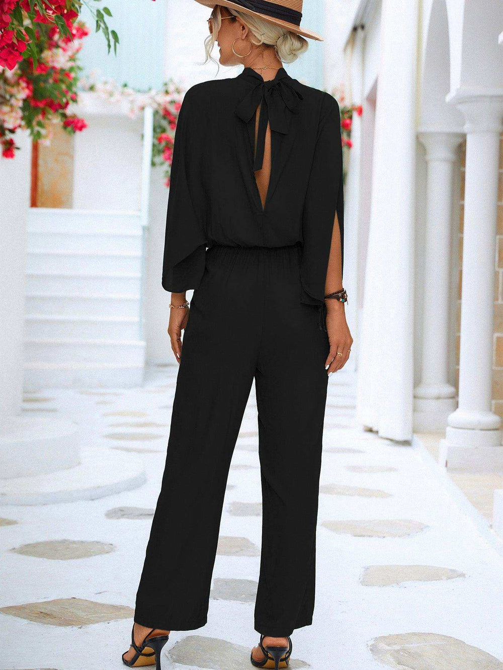 Tie Back Mock Neck Split Sleeve Jumpsuit - Trendsi - Flyclothing LLC