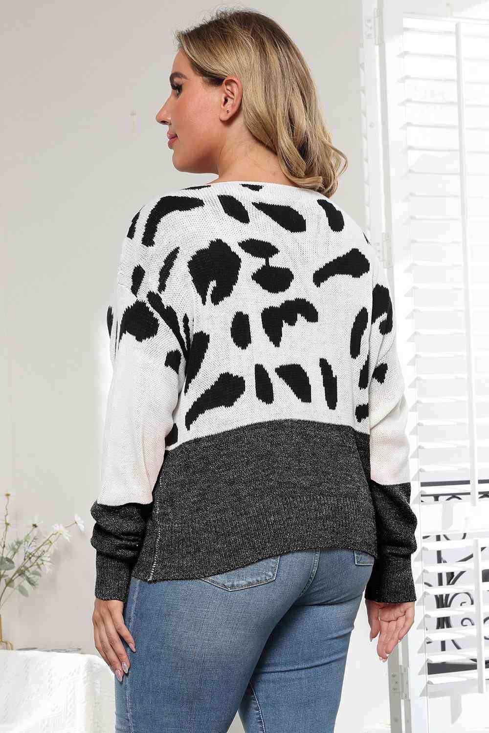 Plus Size Leopard Round Neck Long Sleeve Sweater - Trendsi - Flyclothing LLC