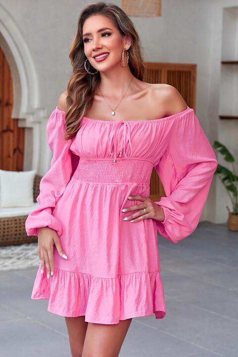 Smocked Balloon Sleeve Off-Shoulder Mini Dress - Trendsi - Flyclothing LLC