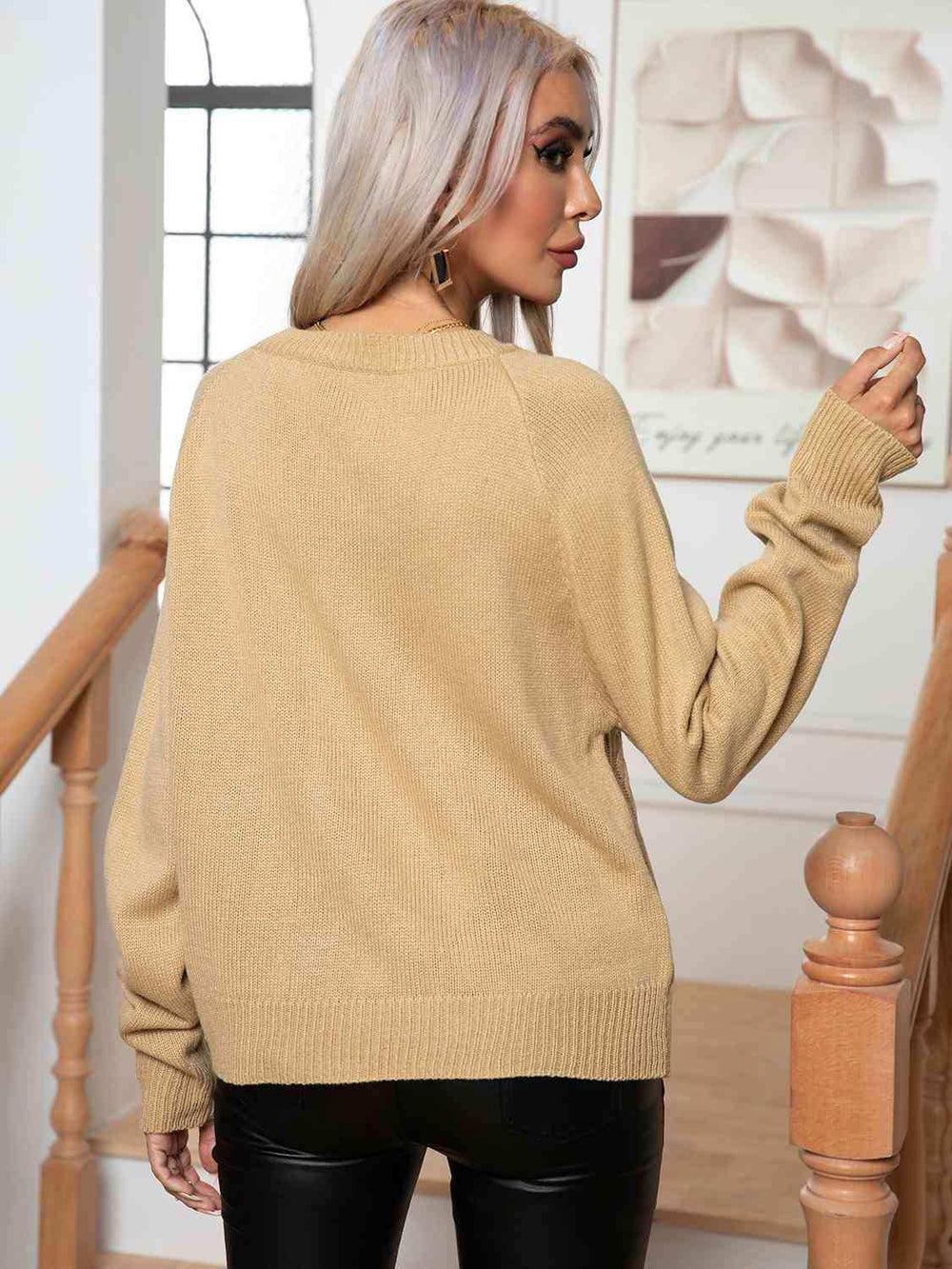 Cable-Knit Long Sleeve Sweater - Trendsi - Flyclothing LLC