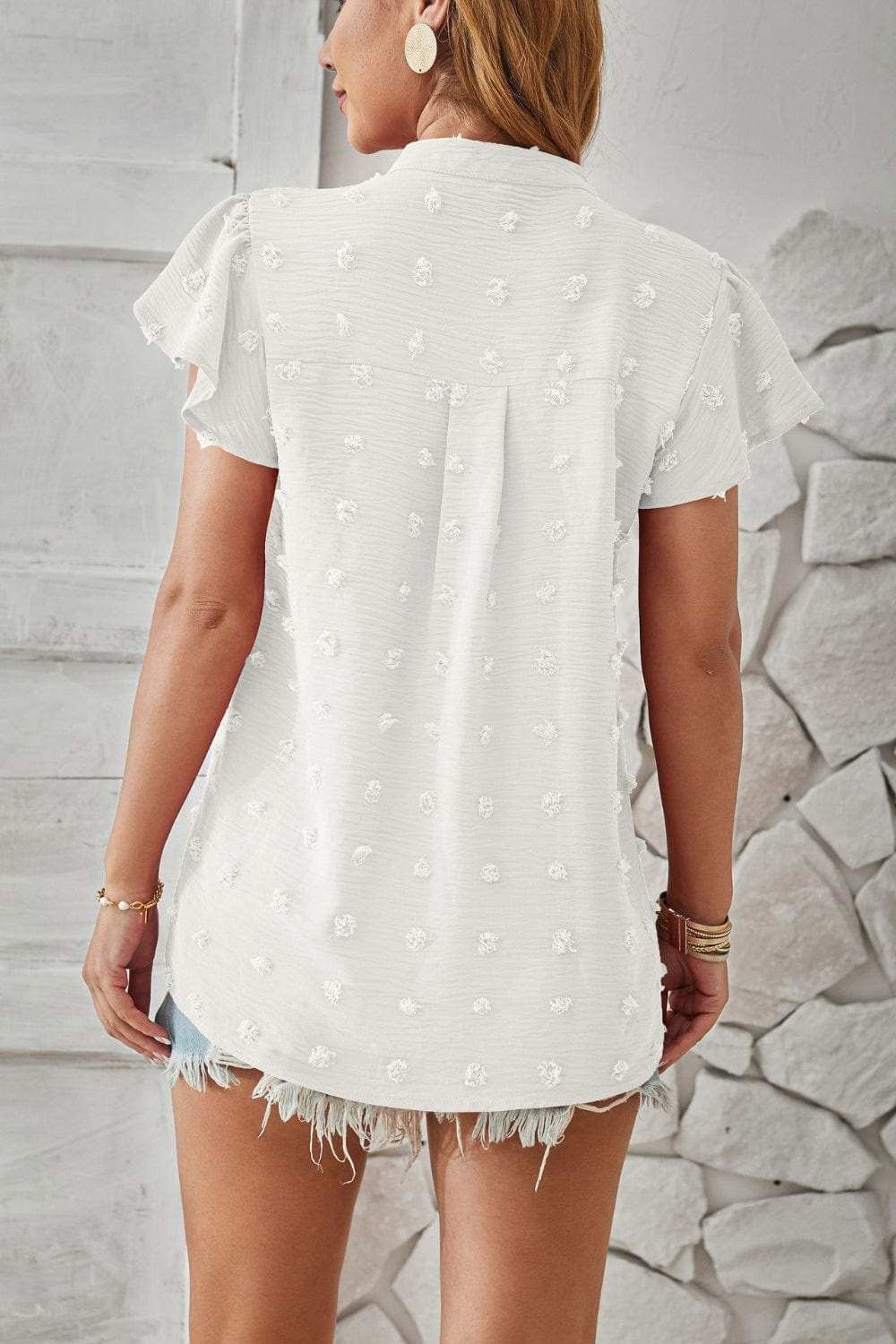 Swiss Dot Notched Cap Sleeve T-Shirt - Trendsi - Flyclothing LLC