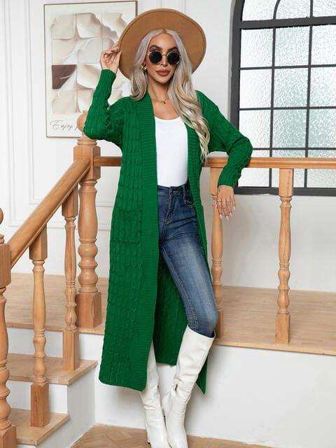 Cable-Knit Open Front Cardigan with Pockets - Trendsi - Flyclothing LLC