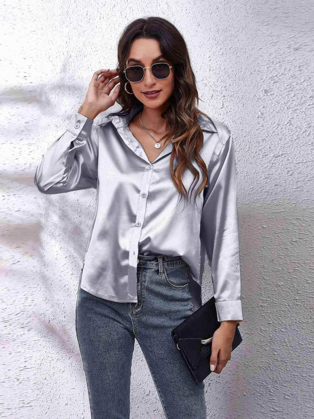 Collared Neck Buttoned Long Sleeve Shirt - Trendsi - Flyclothing LLC