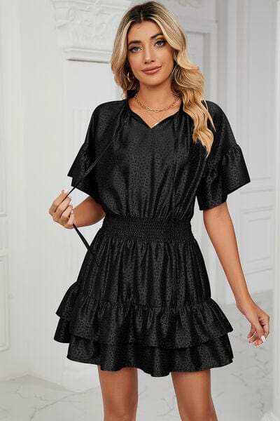 Smocked Tie Neck Flounce Sleeve Dress - Trendsi - Flyclothing LLC