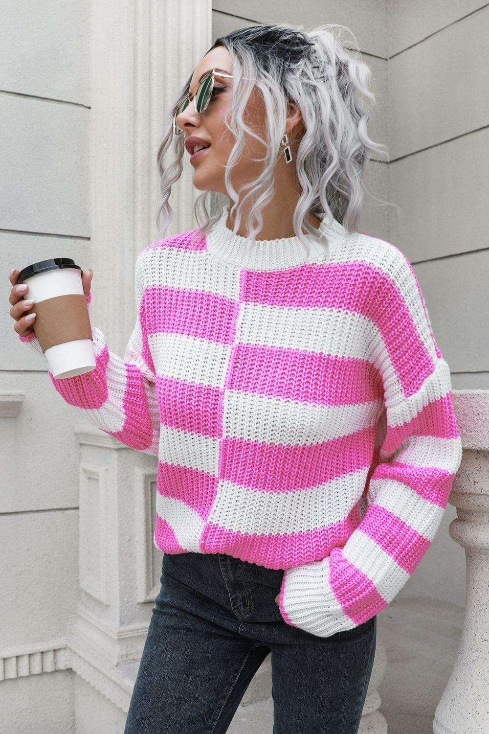 Color Block Dropped Shoulder Sweater - Trendsi - Flyclothing LLC
