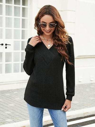 Ribbed Surplice Long Sleeve T-Shirt - Trendsi - Flyclothing LLC