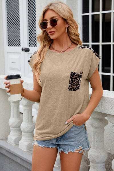 Leopard Round Neck Cap Sleeve T-Shirt - Trendsi - Flyclothing LLC