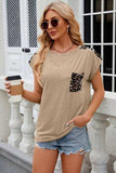 Leopard Round Neck Cap Sleeve T-Shirt - Trendsi - Flyclothing LLC