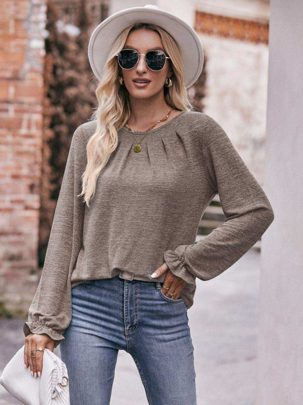 Long Flounce Sleeve Round Neck Blouse - Trendsi - Flyclothing LLC