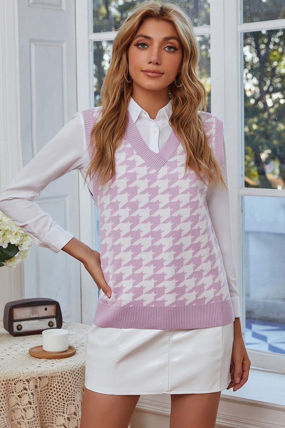 Houndstooth V-Neck Sweater Vest - Heliotrope Purple / M
