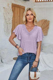 Eyelet Applique V-Neck Cap Sleeve T-Shirt - Trendsi - Flyclothing LLC