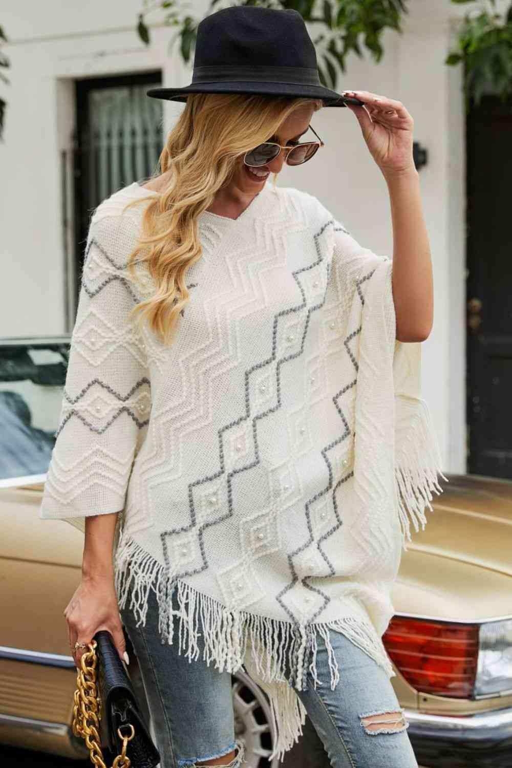 Pearl Trim V-Neck Fringe Hem Poncho - Trendsi - Flyclothing LLC