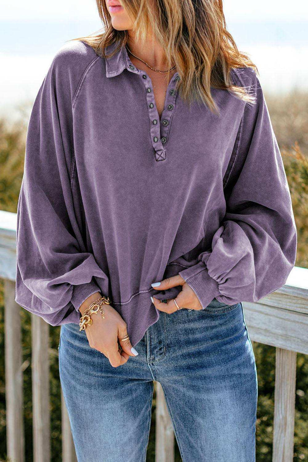 Quarter-Snap Collared Lantern Sleeve Sweatshirt - Trendsi - Flyclothing LLC