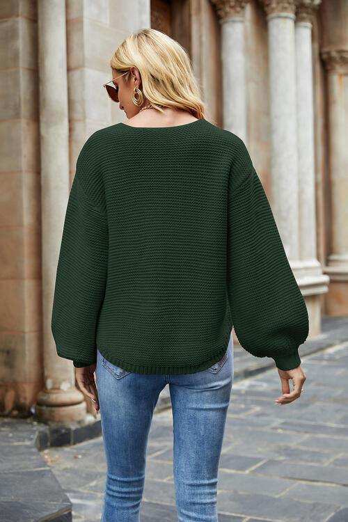 Round Neck Lantern Sleeve Sweater - Trendsi - Flyclothing LLC