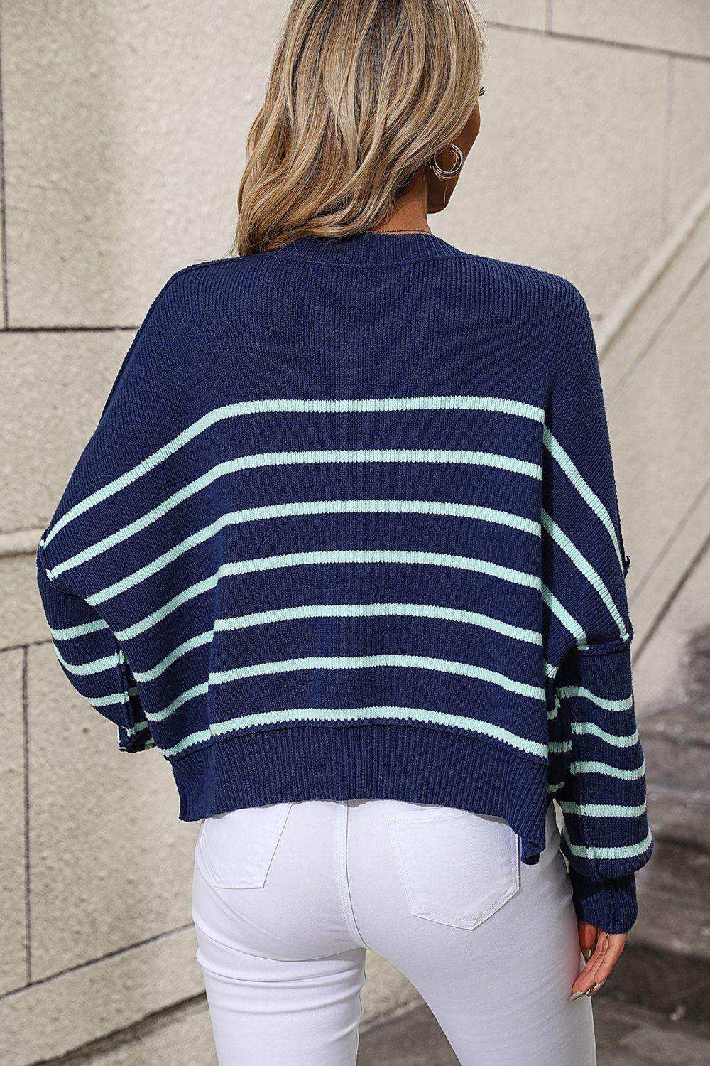 Striped Dropped Shoulder Round Neck Pullover Sweater - Trendsi - Flyclothing LLC