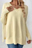 Slit V-Neck Dropped Shoulder Sweater - Trendsi - Flyclothing LLC