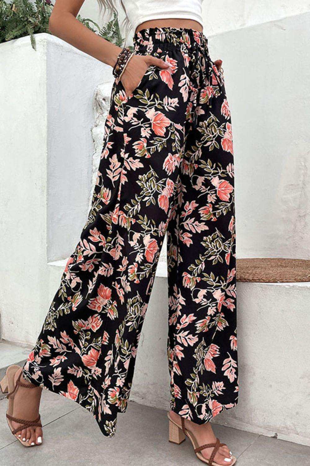 Floral Pull-On Wide Leg Pants - Trendsi - Flyclothing LLC