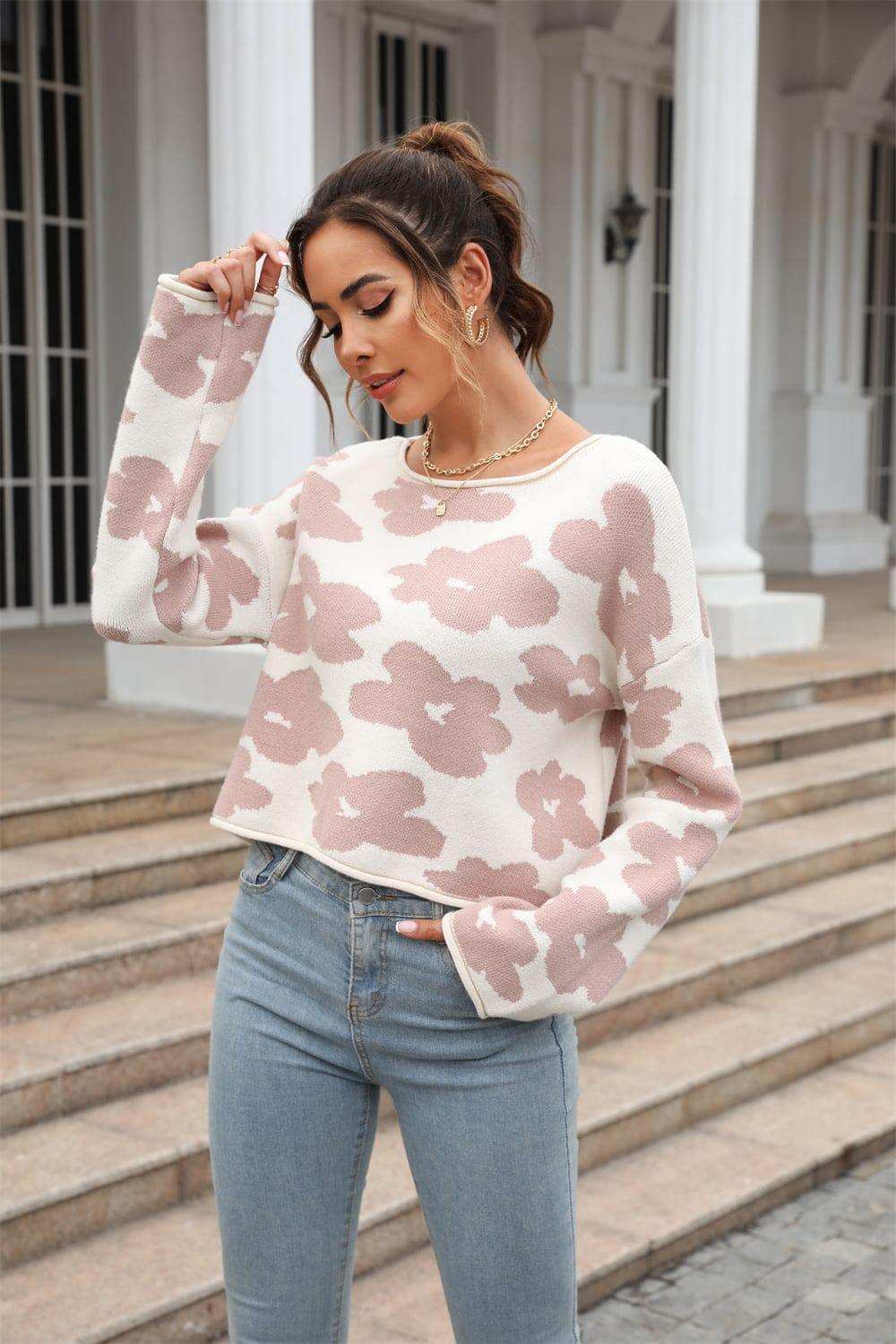 Round Neck Flower Pattern Dropped Shoulder Pullover Sweater - Trendsi - Flyclothing LLC