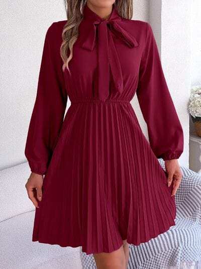 Tie Neck Balloon Sleeve Pleated Dress - Trendsi - Flyclothing LLC