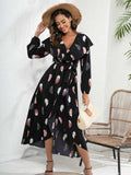 Printed Tie Front Ruffle Trim Long Sleeve Dress - Trendsi - Flyclothing LLC