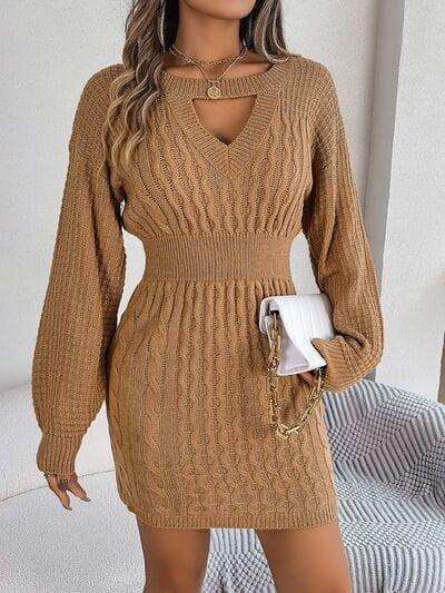 Cable-Knit Cutout Round Neck Slit Sweater - Trendsi - Flyclothing LLC