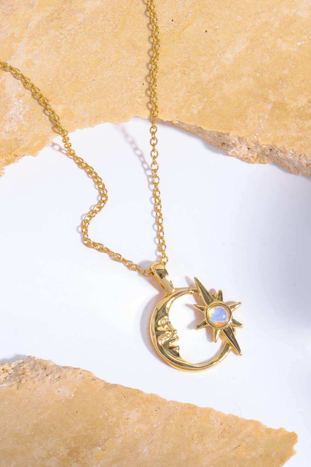 Copper 14K Gold Pleated Moon & Star Shape Pendant Necklace - Trendsi - Flyclothing LLC