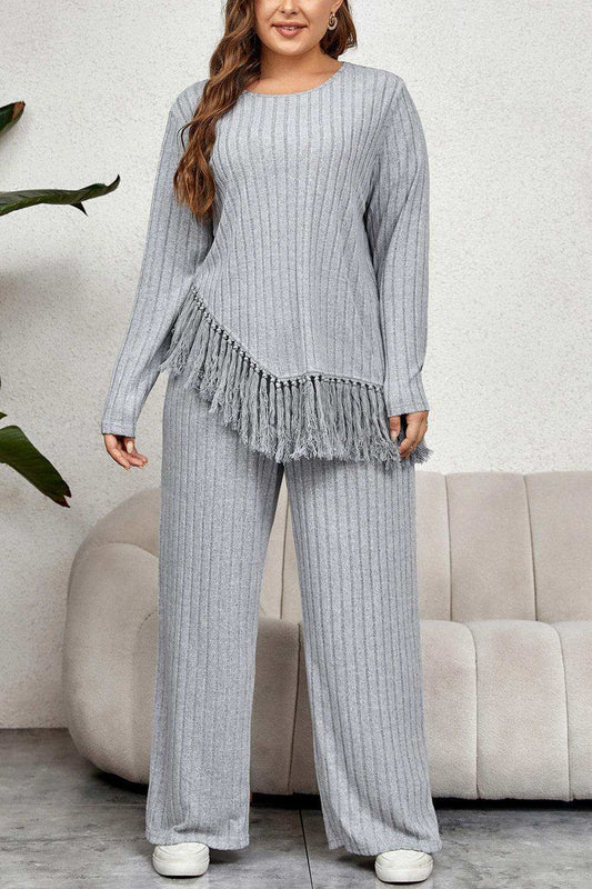 Plus Size Tassel Hem Top and Pants Set - Trendsi - Flyclothing LLC