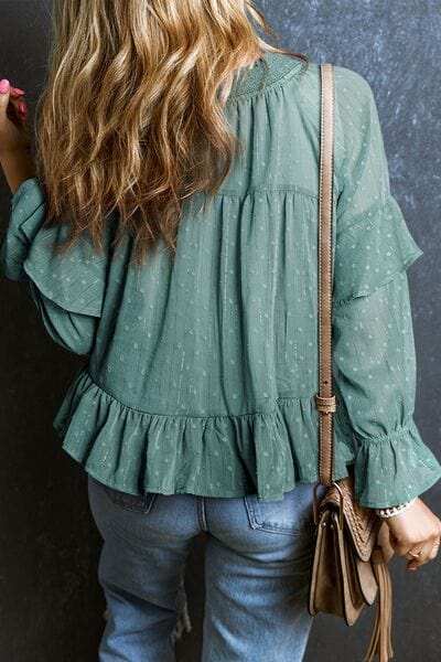 Swiss Dot Tie Neck Flounce Sleeve Blouse - Trendsi - Flyclothing LLC