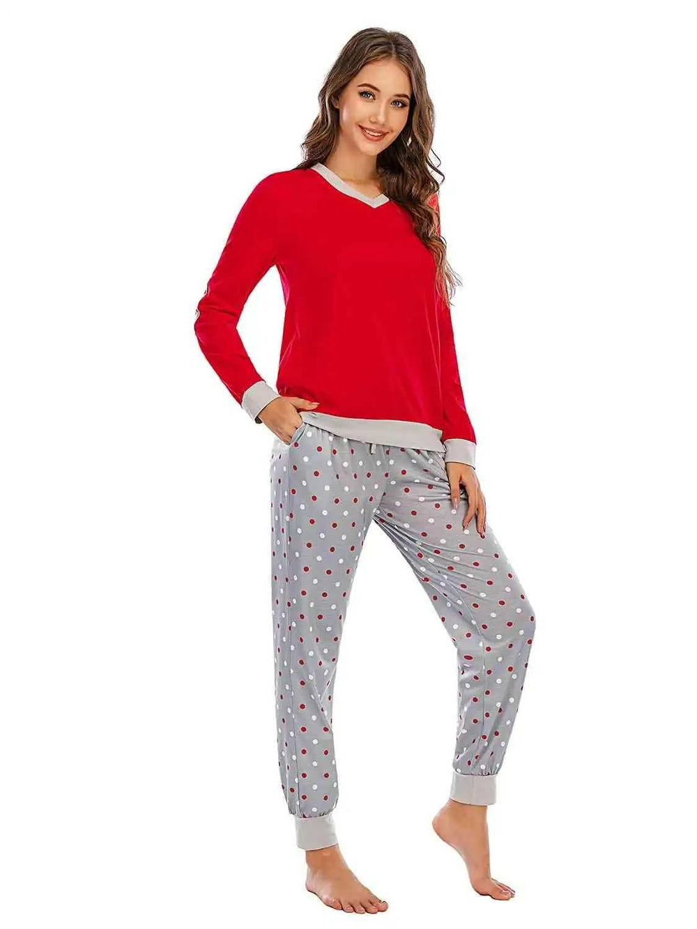 Long Sleeve Top and Polka Dot Pants Set - Trendsi - Flyclothing LLC