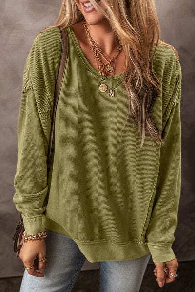 Round Neck Dropped Shoulder Sweatshirt - Trendsi - Flyclothing LLC
