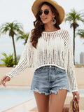 Fringe Trim Openwork Long Sleeve Cover-Up - Trendsi - Flyclothing LLC