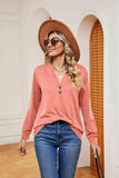 Buttoned Notched Neck Long Sleeve Top - Trendsi - Flyclothing LLC