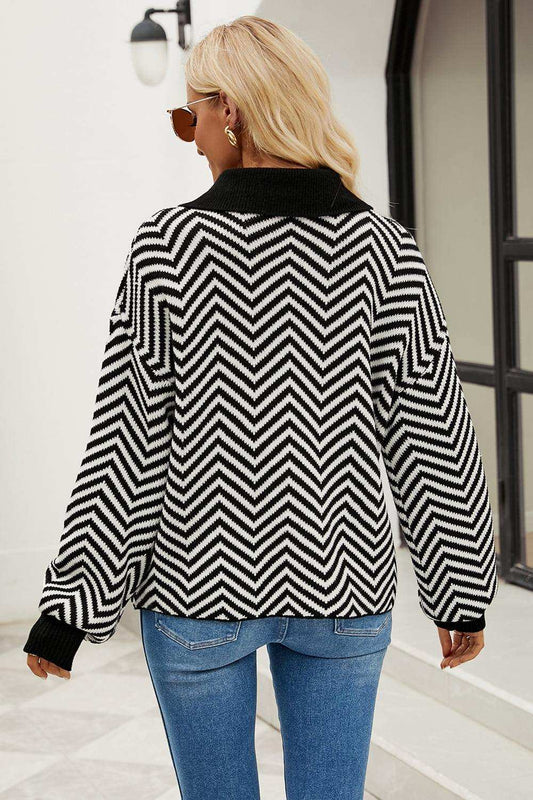 Striped Collared Neck Buttoned Pullover Sweater - Trendsi - Flyclothing LLC