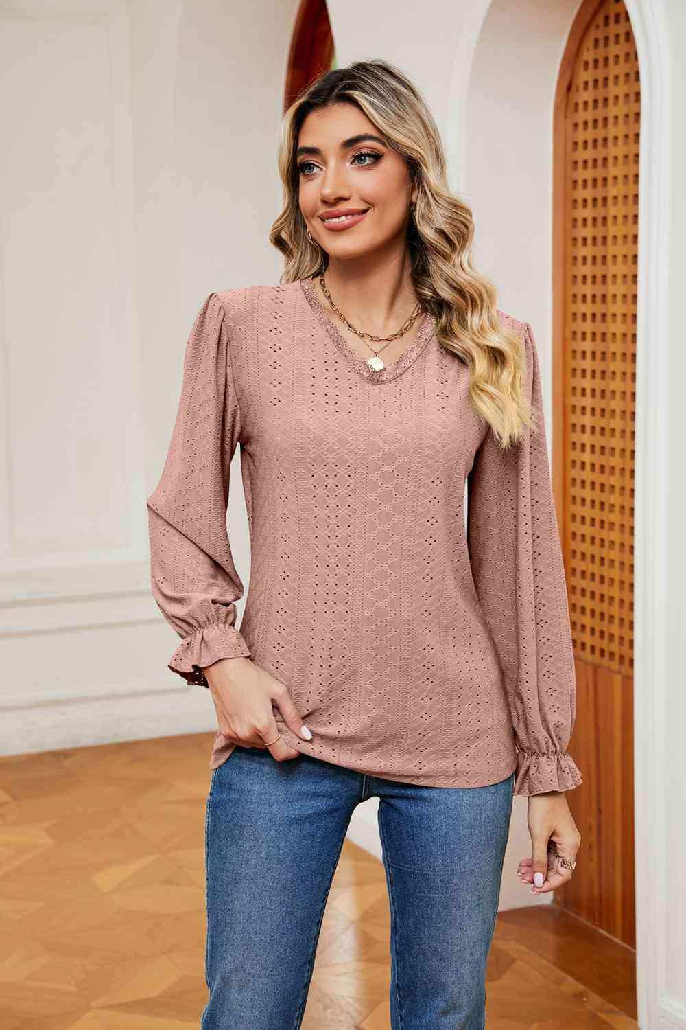 V-Neck Flounce Sleeve Blouse - Trendsi - Flyclothing LLC