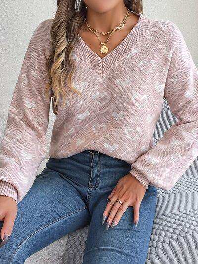 Heart Pattern V-Neck Long Sleeve Sweater - Trendsi - Flyclothing LLC