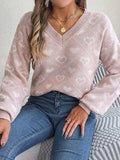 Heart Pattern V-Neck Long Sleeve Sweater - Trendsi - Flyclothing LLC