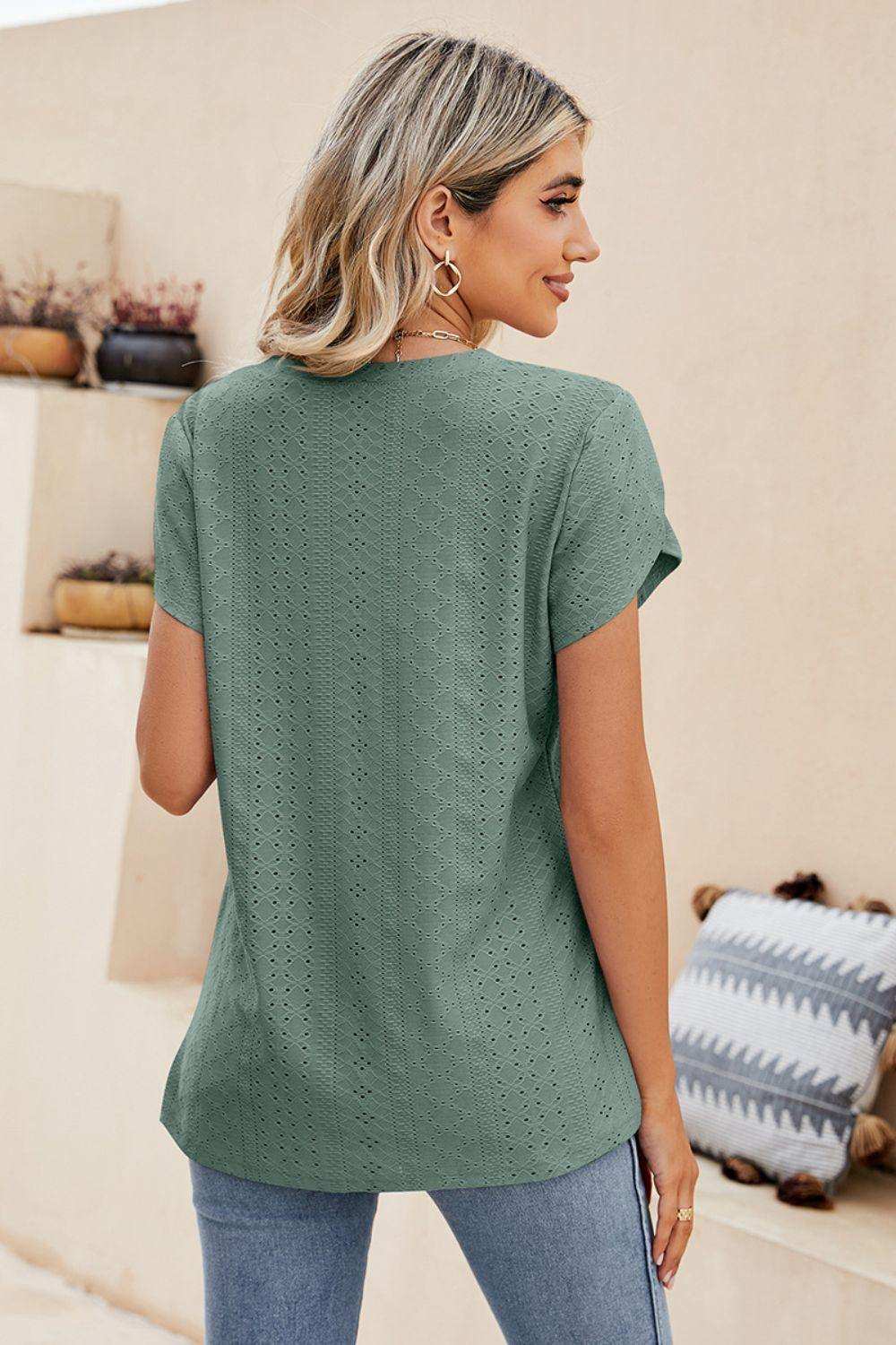 Eyelet Petal Sleeve V-Neck Knit Top - Trendsi - Flyclothing LLC