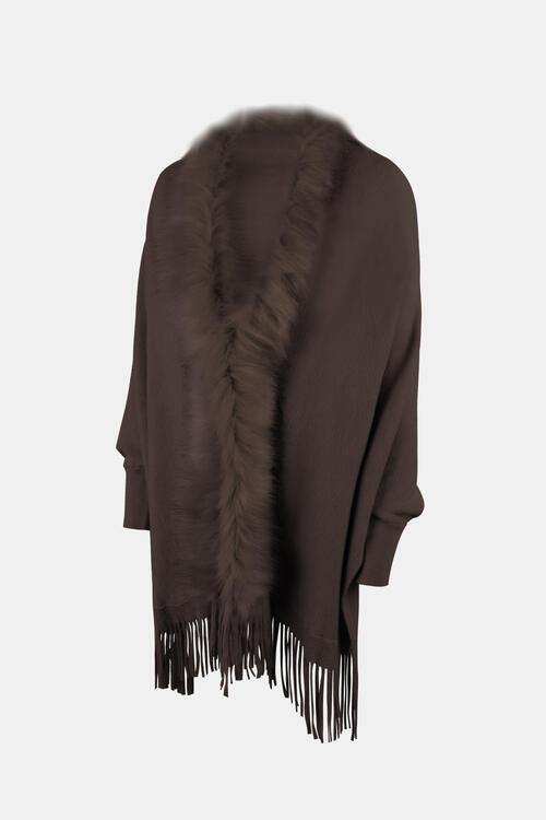 Fringe Open Front Long Sleeve Poncho - Trendsi - Flyclothing LLC