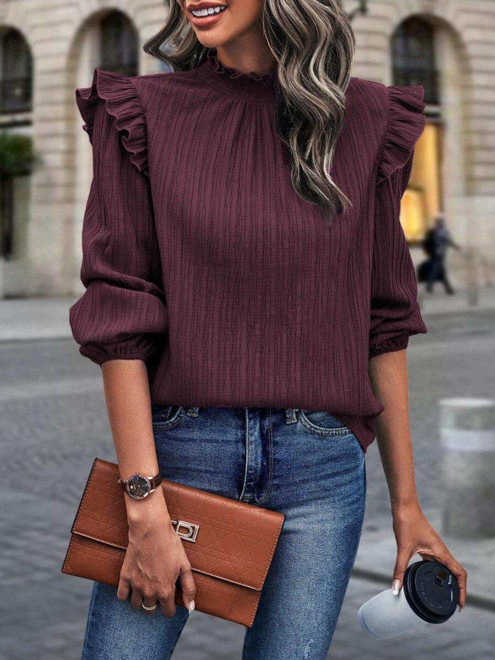 Mock Neck Ruffle Shoulder Blouse - Trendsi - Flyclothing LLC