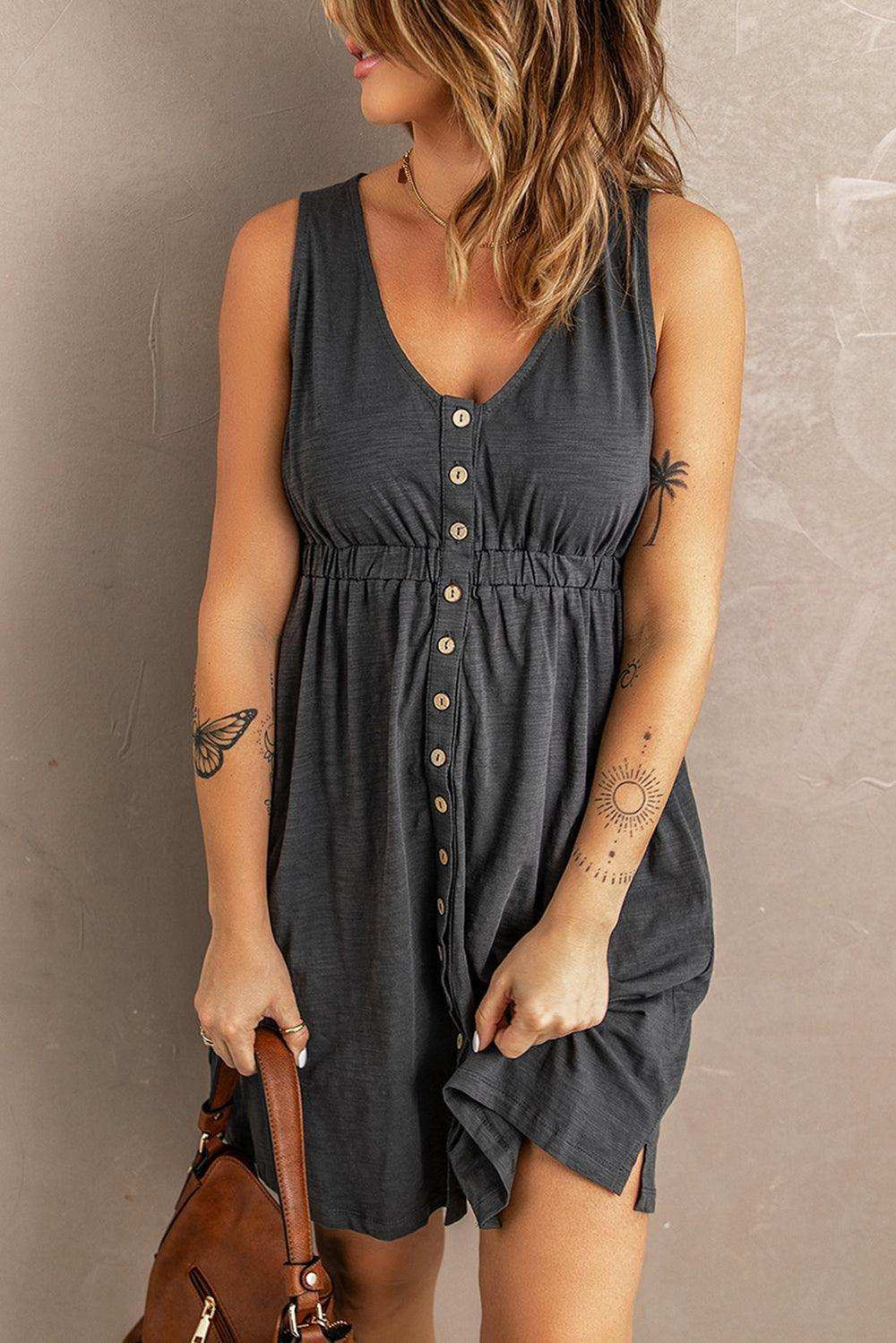 Sleeveless Button Down Mini Dress - Trendsi - Flyclothing LLC