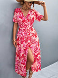 Floral Print High Slit Surplice Neck Tie Waist Midi Dress - Trendsi - Flyclothing LLC