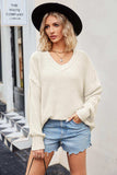 V-Neck Ribbed Dropped Shoulder Knit Top - Trendsi - Flyclothing LLC