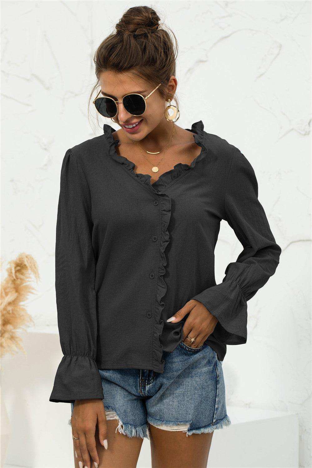 Frill Trim V-Neck Flounce Sleeve Shirt - Trendsi - Flyclothing LLC